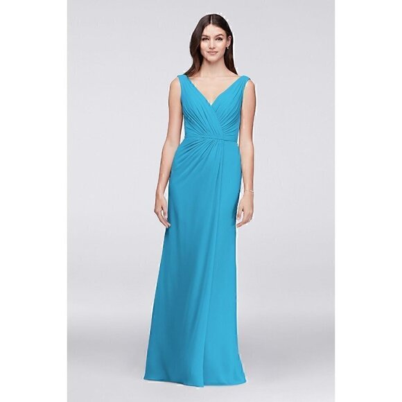David's Bridal Faux-Wrap Pleated Chiffon Bridesmaid Dress Sz 4 Blue STYLE#F19585 - Picture 13 of 13